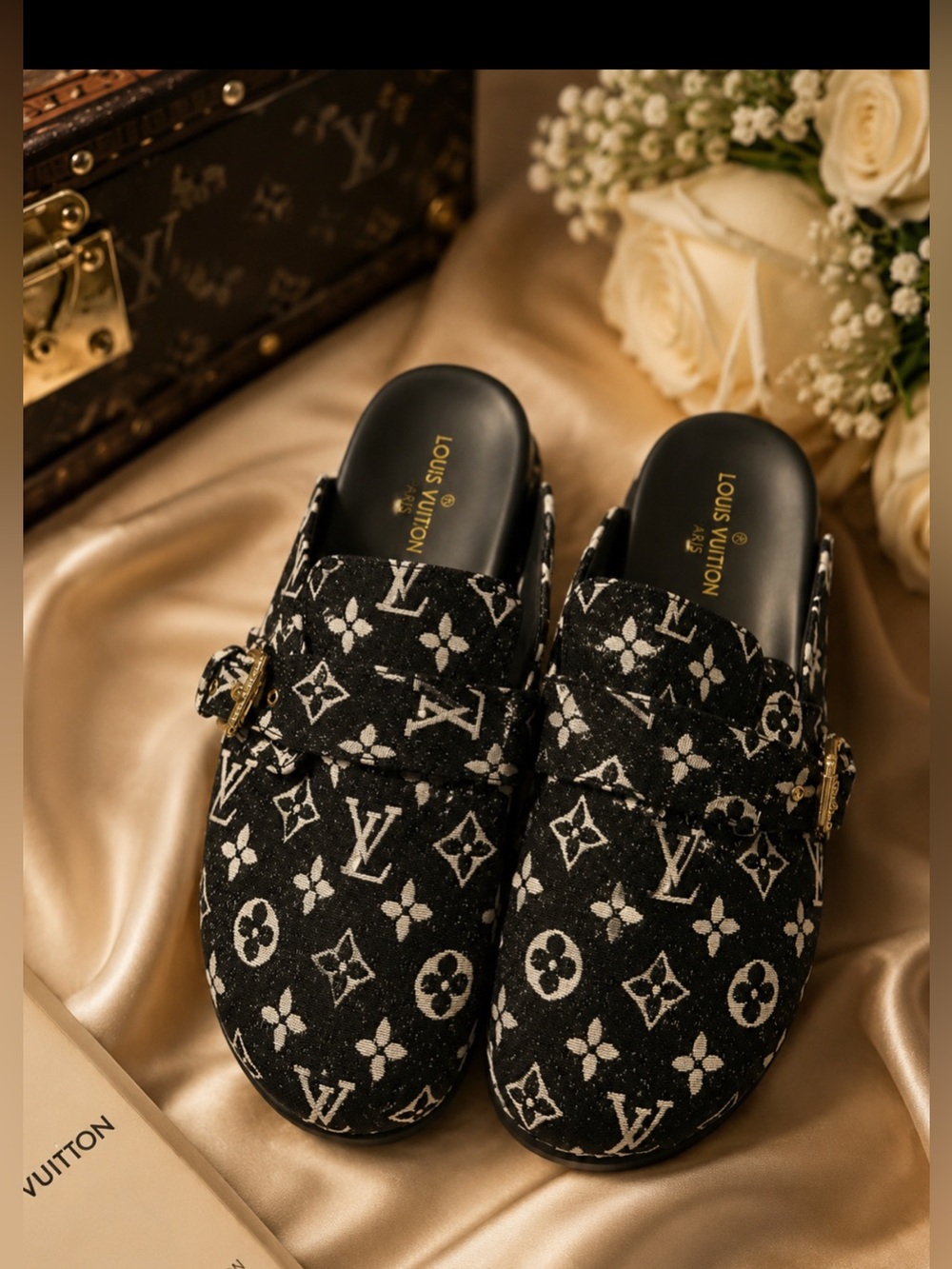 Louis Vuitton Black and White Monogram Backless Loafers Size 40